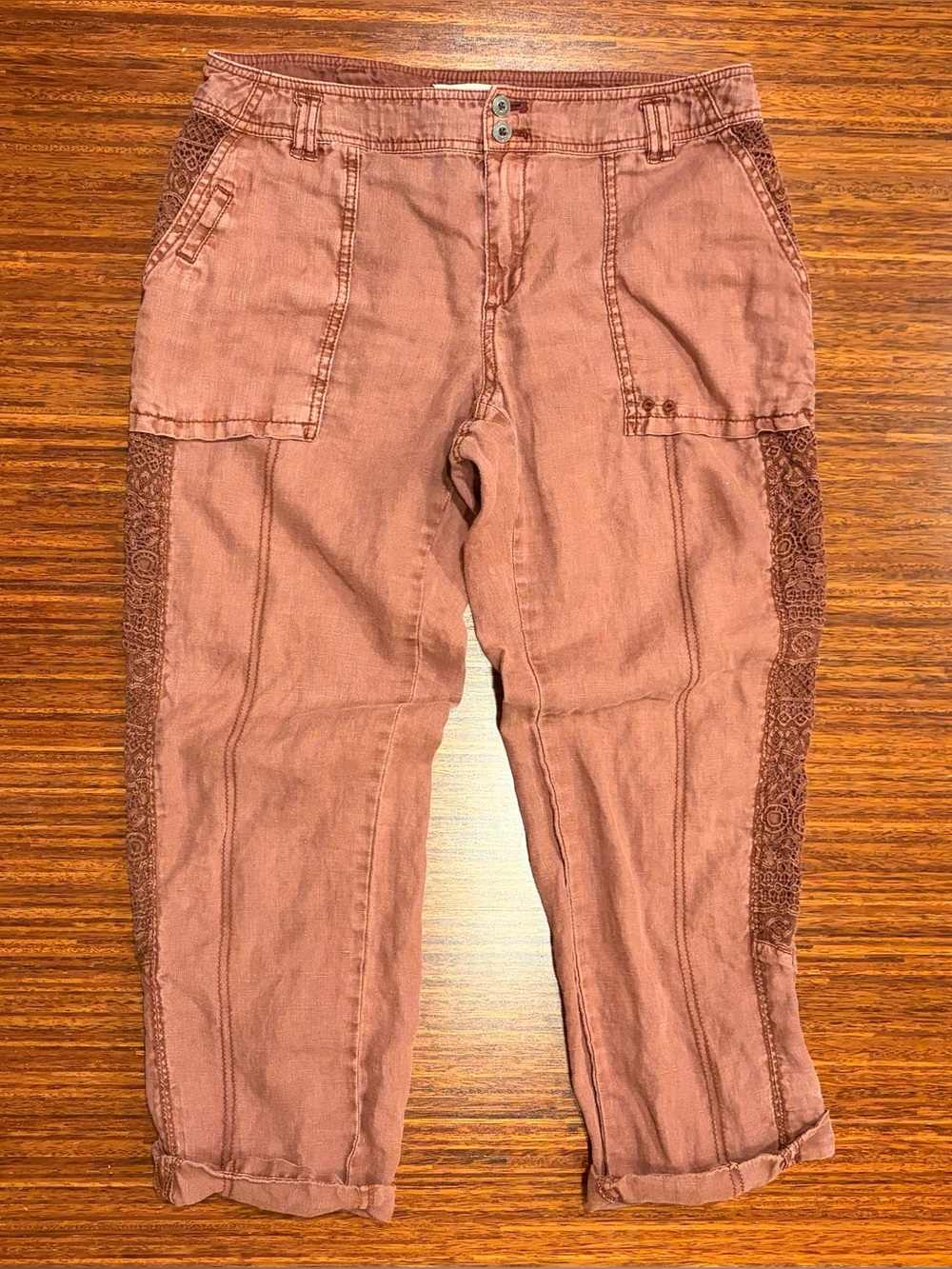 Anthropologie Hei Hei Marlena Rose Pink Linen Crochet Lace Utility Pants size 30
